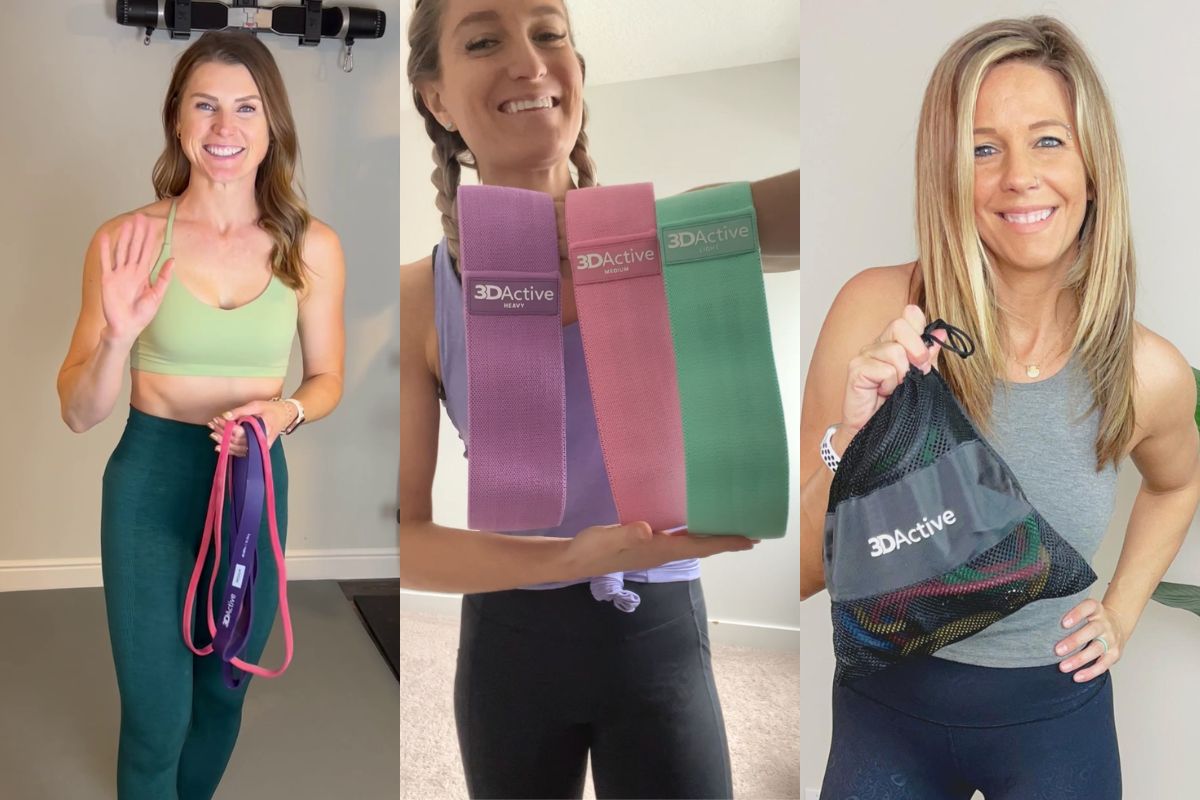 Three young fit women holding resistances bands while smiling