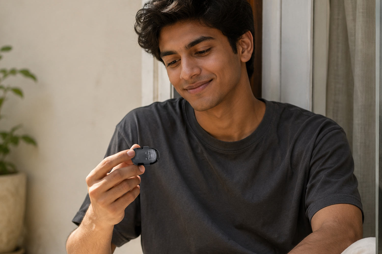 Young person looking at a simple clip-on pedometer with their phone face-down beside them