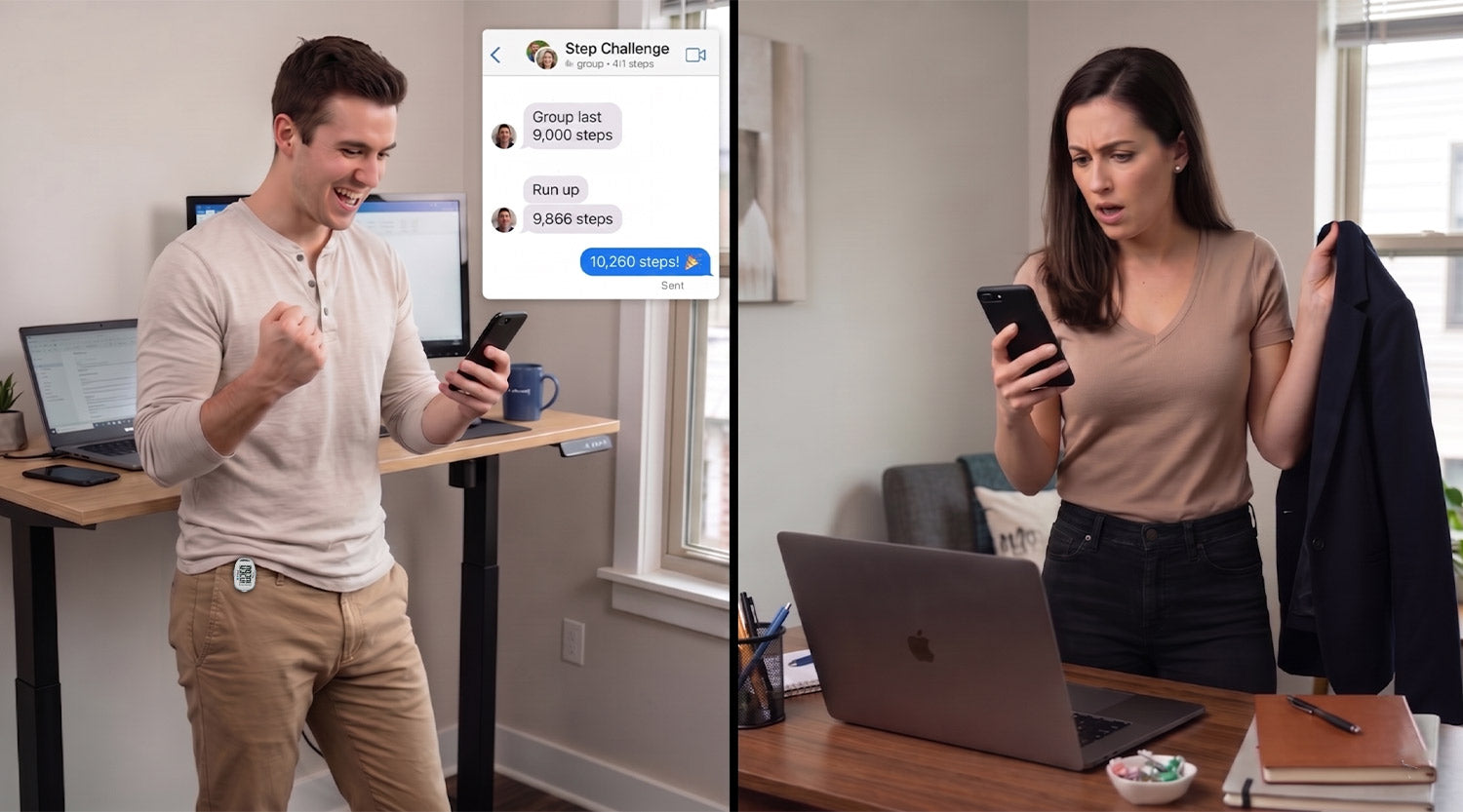Gamify daily movement step challenge - two adults at WFH desks checking step counts on phones & 3DFitBud pedometers in friendly competition