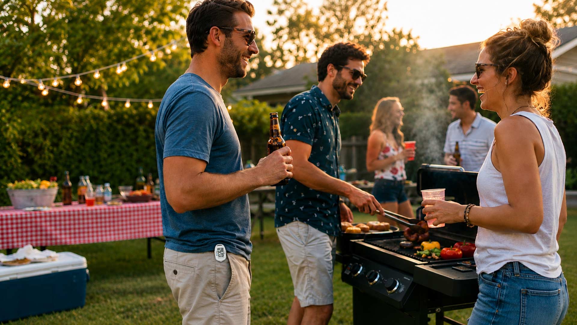 Friends grilling and laughing at a backyard 4th of July BBQ with a step counter clipped to a pocket