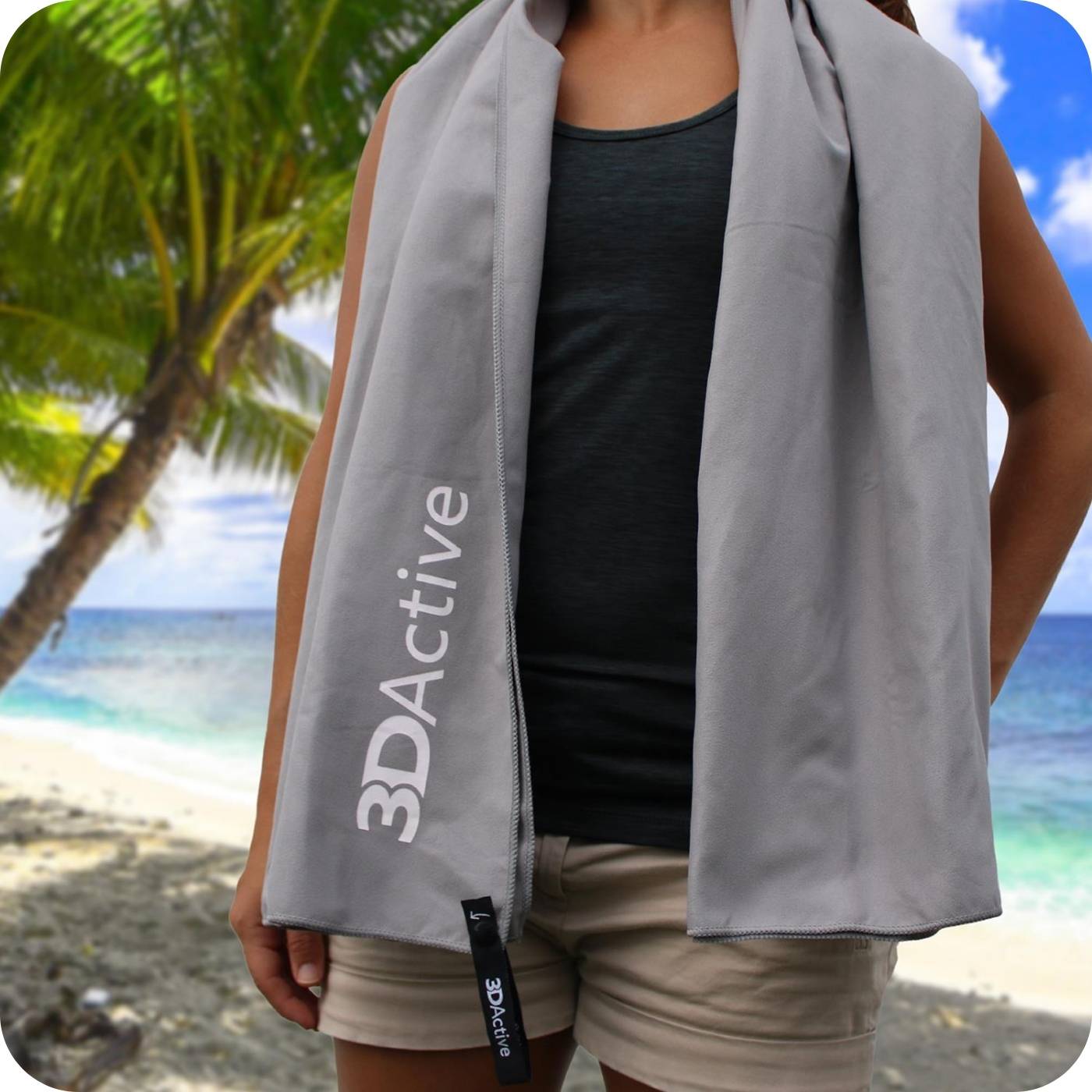 woman with her 3dactive microfiber towel over her shoulders