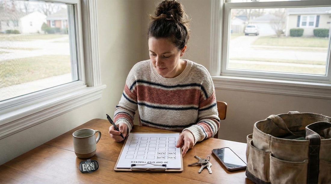 Woman filling in a printed 30-day step challenge tracker with 3DFitBud pedometer on table