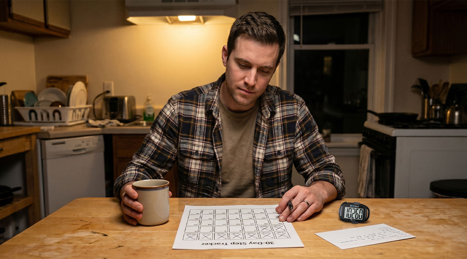 30-day step streak - man at kitchen table Sunday evening reviewing printed step tracker with 3DFitBud step counter on table at day eight