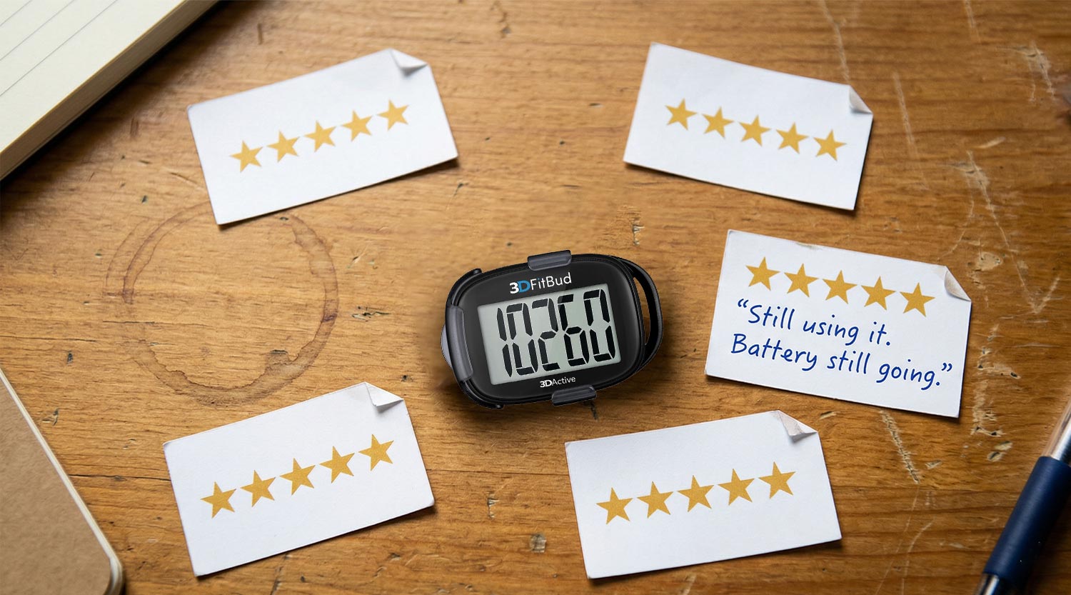 3DFitBud reviews - step counter display surrounded by five-star review cards & handwritten user feedback on wooden desk