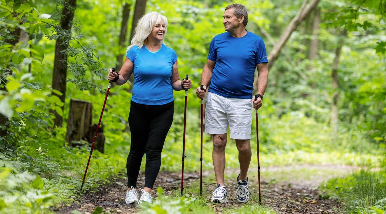 Elderly couple enjoying summer walk in the forest. Sportive lifestyle