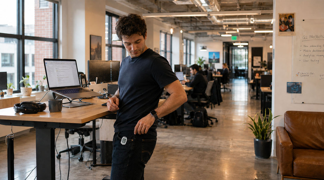 Young man at office desk checking step counter clipped to waistband