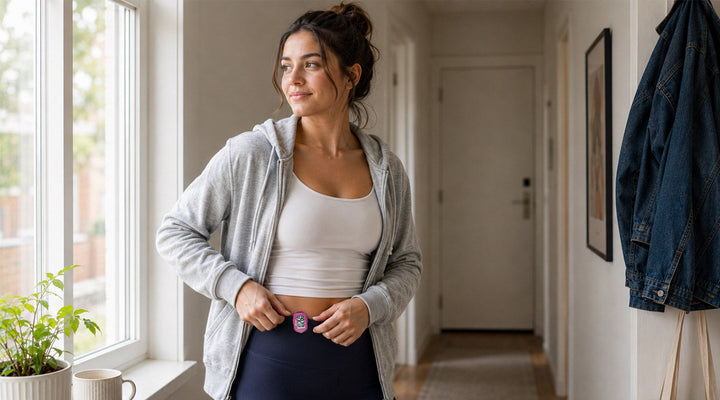 : Young woman in casual clothes clipping a step counter to her waistband before a morning walk
