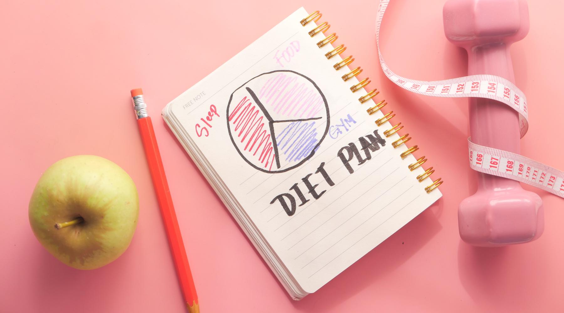 Journal with words Diet Plan handwritten. Pink dumbbell with measuring tape wrapped around it. Green apple.