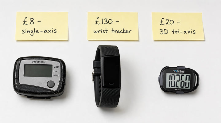  Three step counting devices with price & sensor type labels on white dek showing 3DFitBud as only active display