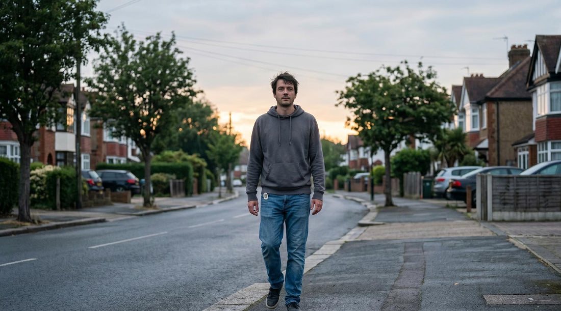 Burned out person walking alone on quiet morning street