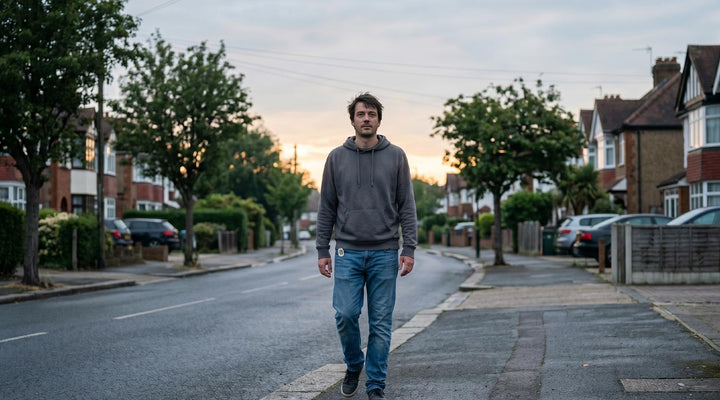 Burned out person walking alone on quiet morning street