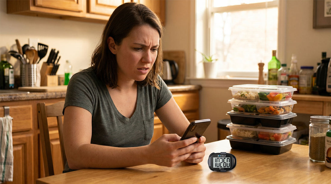  Young woman checking calorie tracking app with step counter sitting unnoticed beside her