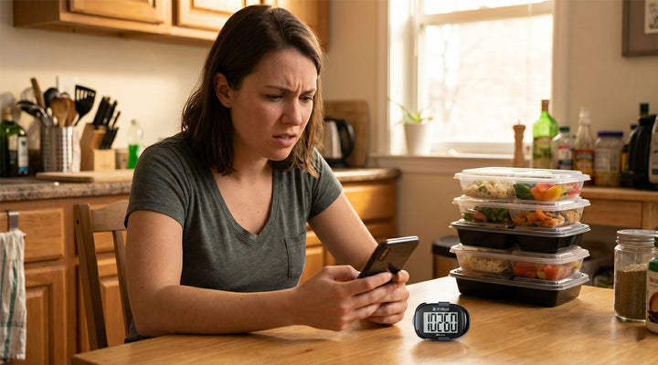  Young woman checking calorie tracking app with step counter sitting unnoticed beside her