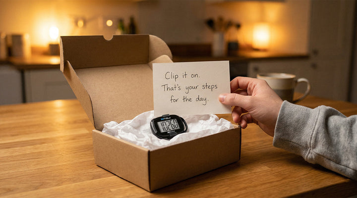Best simple pedometer gift - 3DFitBud step counter in open kraft gift box with handwritten instruction card on wooden table