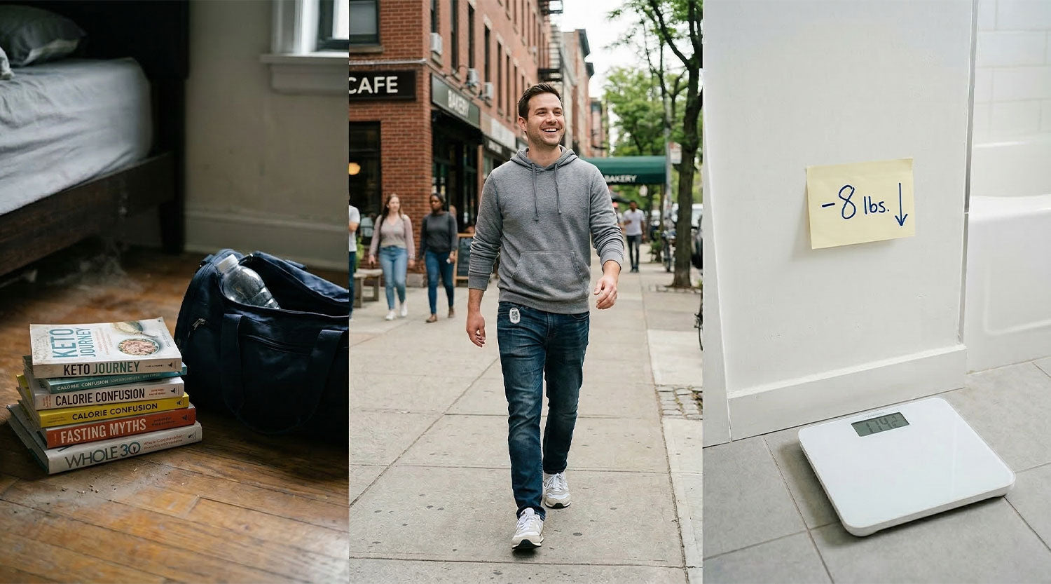 Man walking on city sidewalk with 3DFitBud step counter clipped to waistband, scale showing weight loss in background