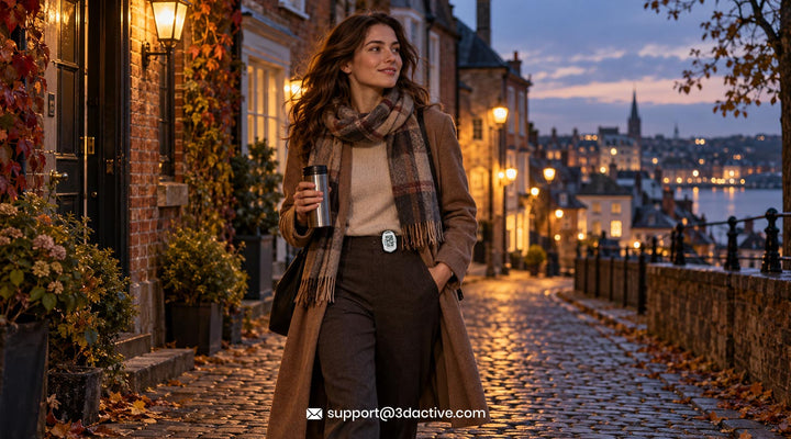 Person walking on a lit street after dark with a reflective jacket strip and a personal alarm keychain on their bag