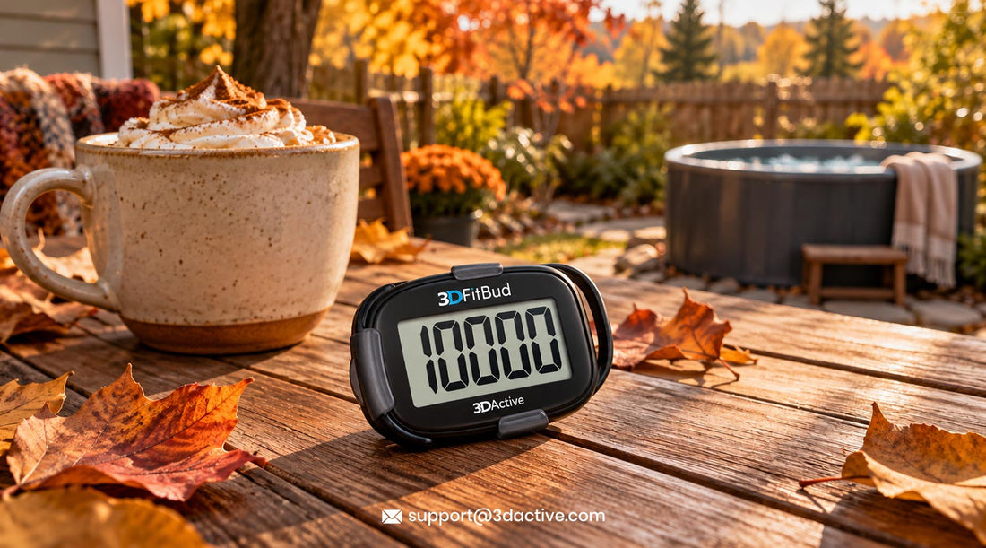 A pumpkin spice latte, a backyard ice bath tub or a step counter arranged together to represent fall wellness trends