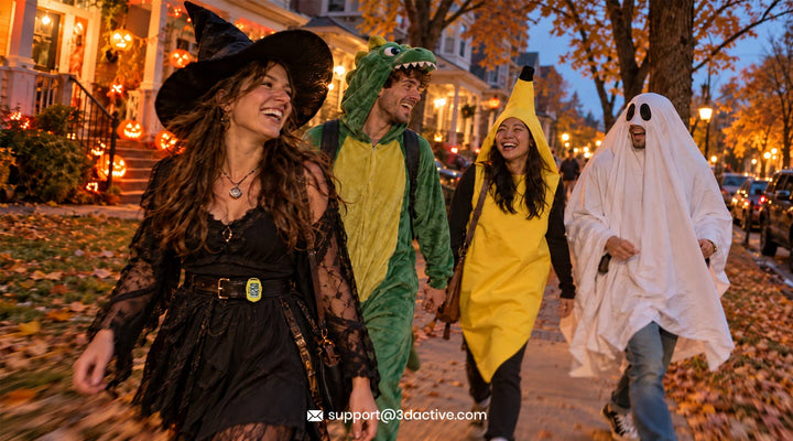Friends in Halloween costumes walking down a decorated street at dusk, one wearing a clipped-on step counter