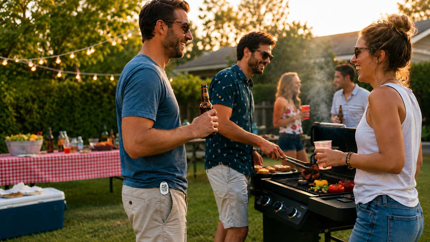 Friends grilling and laughing at a backyard 4th of July BBQ with a step counter clipped to a pocket