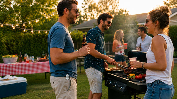 Friends grilling and laughing at a backyard 4th of July BBQ with a step counter clipped to a pocket