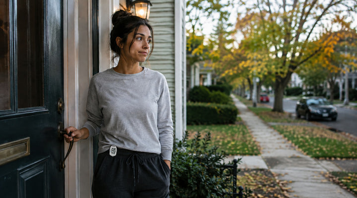 Woman stepping out her front door for a walk in early fall light with a step counter clipped to her waistband