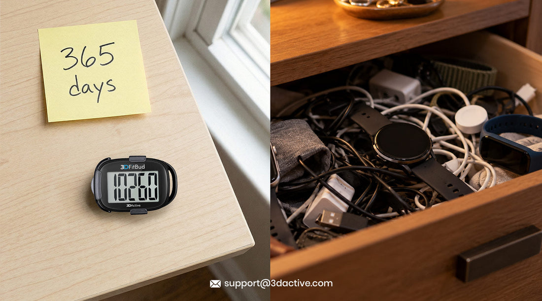A cluttered drawer full of abandoned smartwatches and fitness gadgets with tangled charging cables
