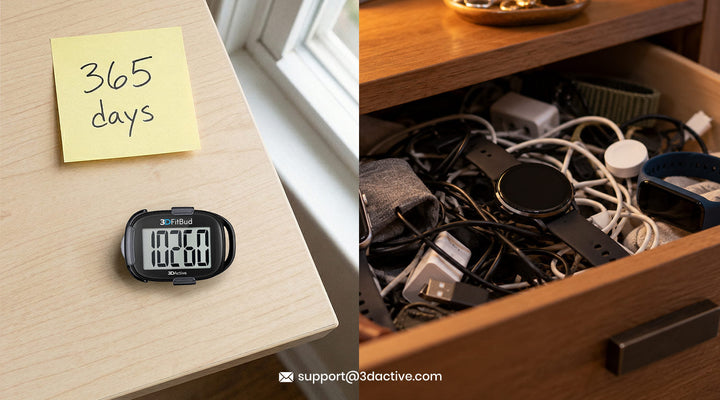 A cluttered drawer full of abandoned smartwatches and fitness gadgets with tangled charging cables