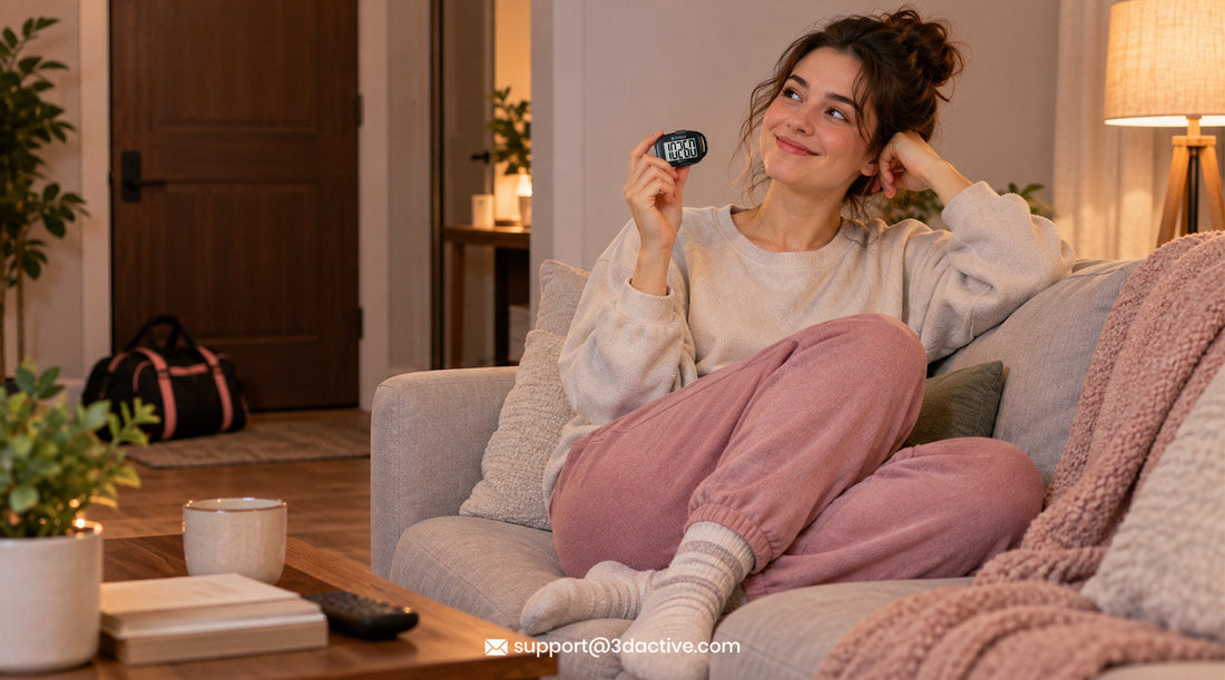 Woman relaxing on the couch with an unused gym bag by the door and a step counter on the coffee table