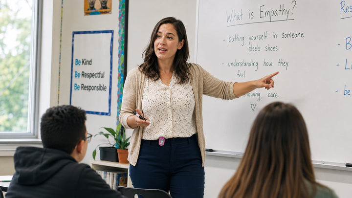Teacher standing at the front of a classroom with a step counter clipped to her waistband