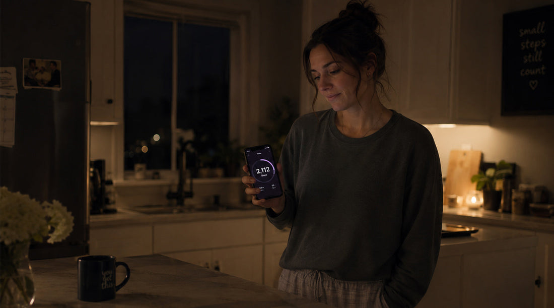 Woman in kitchen at night checking a low step count on her phone, tired expression, everyday home setting