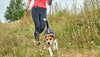 Woman with 3DFitBud pedometer clipped to yoga pants walking dog on a field